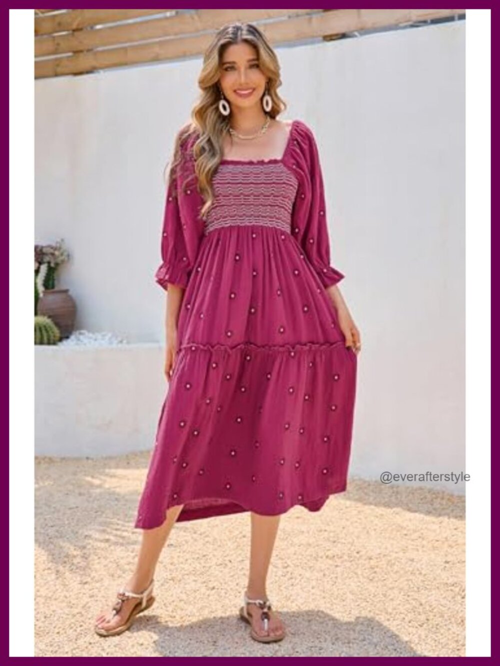 Cotton Floral Embroidered Boho Midi Dress with Pockets - Picture 3 of 6